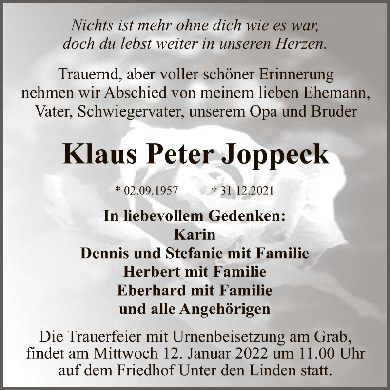  Traueranzeige für Klaus Peter Joppeck vom 08.01.2022 aus Reutlinger General-Anzeiger