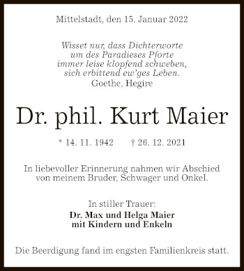 Anzeige von Kurt Maier von Reutlinger General-Anzeiger