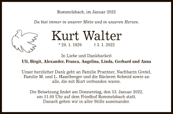 Anzeige von Kurt Walter von Reutlinger General-Anzeiger