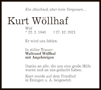 Anzeige von Kurt Wöllhaf von Reutlinger General-Anzeiger