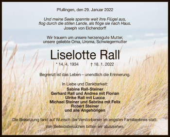 Anzeige von Liselotte Rall von Reutlinger General-Anzeiger