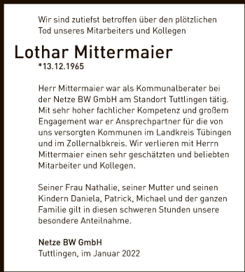 Anzeige von Lothar Mittermaier von Reutlinger General-Anzeiger