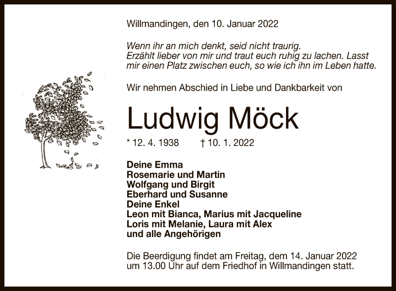  Traueranzeige für Ludwig Möck vom 13.01.2022 aus Reutlinger General-Anzeiger