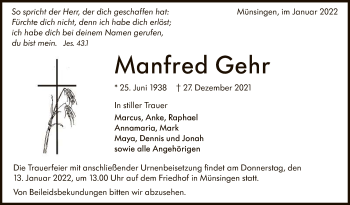 Anzeige von Manfred Gehr von Reutlinger General-Anzeiger