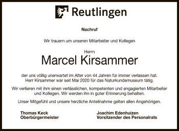 Anzeige von Marcel Kirsammer von Reutlinger General-Anzeiger