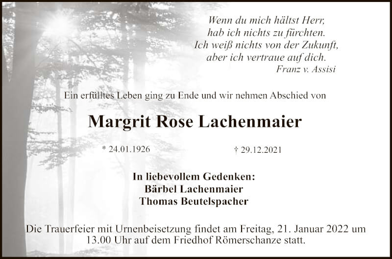  Traueranzeige für Margrit Rose Lachenmaier vom 15.01.2022 aus Reutlinger General-Anzeiger
