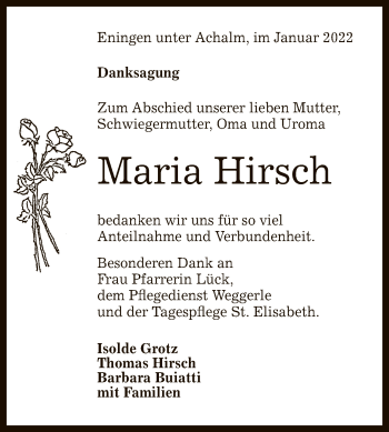 Anzeige von Maria Hirsch von Reutlinger General-Anzeiger