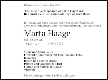 Anzeige von Marta Haage von Reutlinger General-Anzeiger