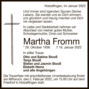 Anzeige von Martha Fromm von Reutlinger General-Anzeiger