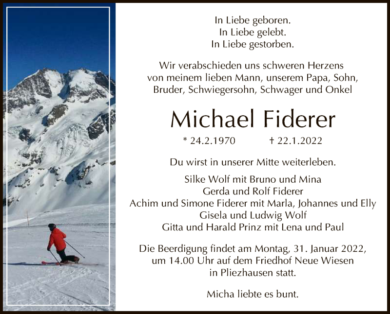  Traueranzeige für Michael Fiderer vom 27.01.2022 aus Reutlinger General-Anzeiger