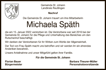 Anzeige von Michaela Späth von Reutlinger General-Anzeiger