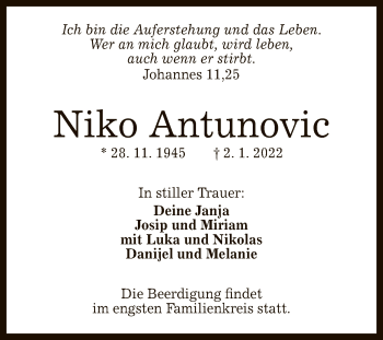 Anzeige von Niko Antunovic von Reutlinger General-Anzeiger