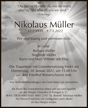 Anzeige von Nikolaus Müller von Reutlinger General-Anzeiger