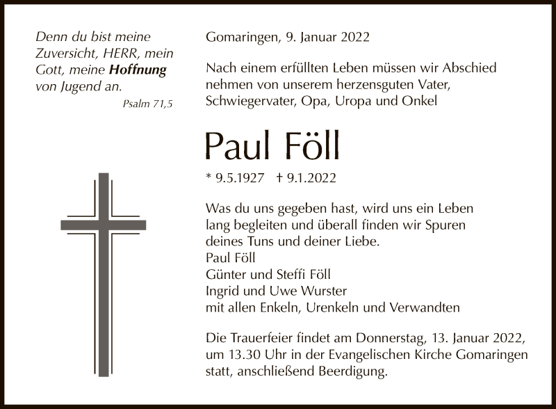  Traueranzeige für Paul Föll vom 11.01.2022 aus Reutlinger General-Anzeiger