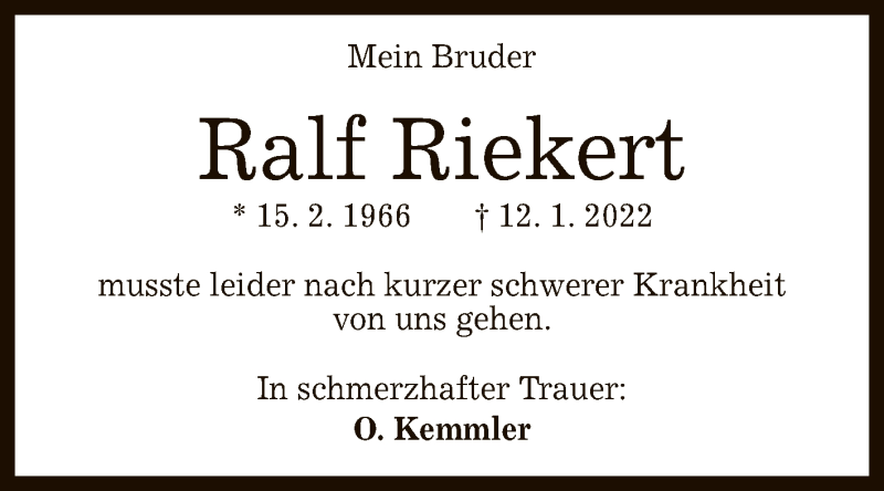  Traueranzeige für Ralf Riekert vom 14.01.2022 aus Reutlinger General-Anzeiger