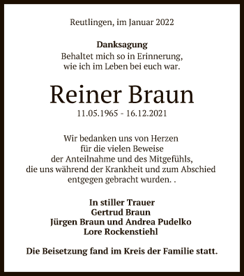 Anzeige von Reiner Braun von Reutlinger General-Anzeiger