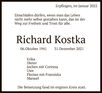 Anzeige von Richard Kostka von Reutlinger General-Anzeiger