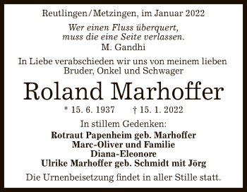 Anzeige von Roland Marhoffer von Reutlinger General-Anzeiger