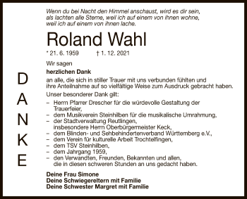 Anzeige von Roland Wahl von Reutlinger General-Anzeiger