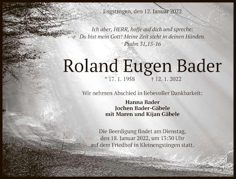  Traueranzeige für Roland Eugen Bader vom 15.01.2022 aus Reutlinger General-Anzeiger