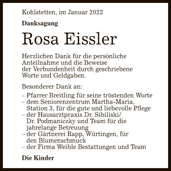 Anzeige von Rosa Eissler von Reutlinger General-Anzeiger