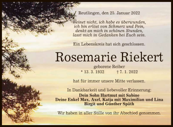 Anzeige von Rosemarie Riekert von Reutlinger General-Anzeiger