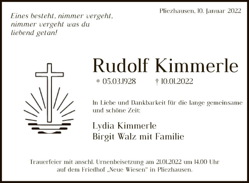  Traueranzeige für Rudolf Kimmerle vom 15.01.2022 aus Reutlinger General-Anzeiger