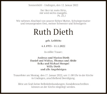 Anzeige von Ruth Dieth von Reutlinger General-Anzeiger