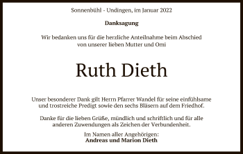 Anzeige von Ruth Dieth von Reutlinger General-Anzeiger