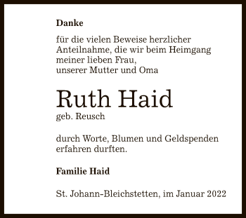 Anzeige von Ruth Haid von Reutlinger General-Anzeiger