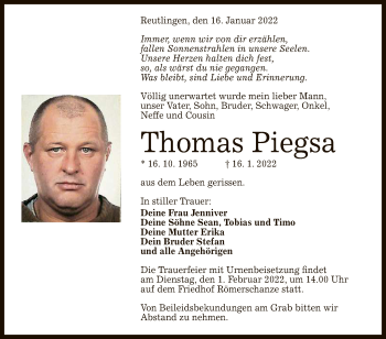 Anzeige von Thomas Piegsa von Reutlinger General-Anzeiger