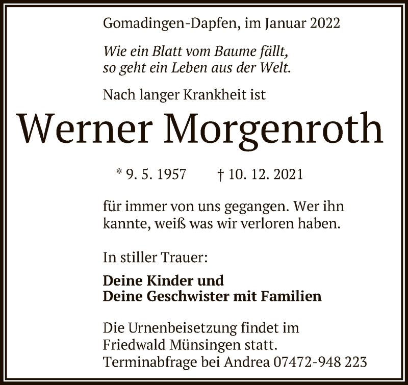  Traueranzeige für Werner Morgenroth vom 14.01.2022 aus Reutlinger General-Anzeiger