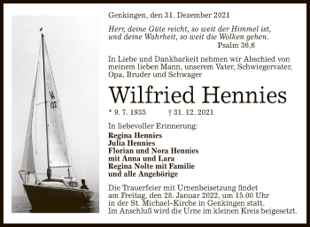 Anzeige von Wilfried Hennies von Reutlinger General-Anzeiger