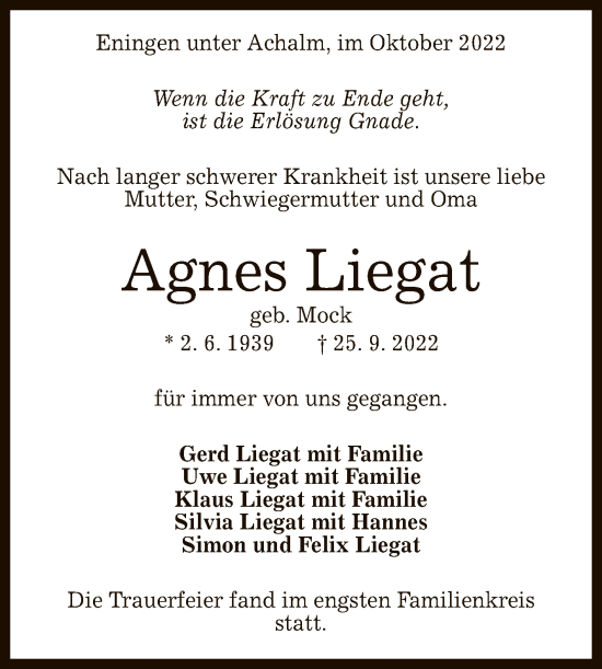 Anzeige von Agnes Liegat von Reutlinger General-Anzeiger