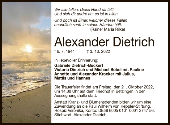 Anzeige von Alexander Dietrich von Reutlinger General-Anzeiger