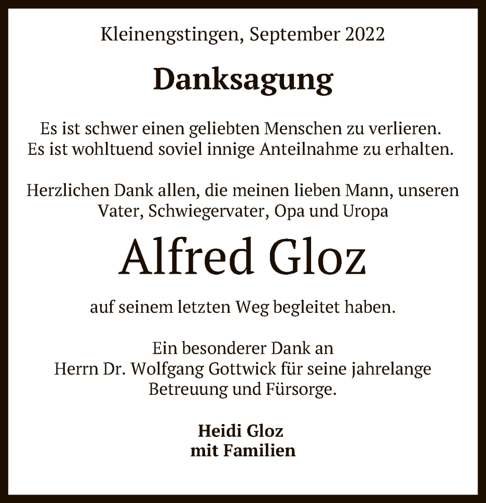  Traueranzeige für Alfred Gloz vom 01.10.2022 aus Reutlinger General-Anzeiger