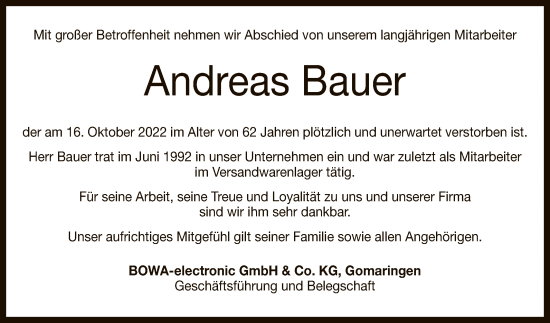 Anzeige von Andreas Bauer von Reutlinger General-Anzeiger