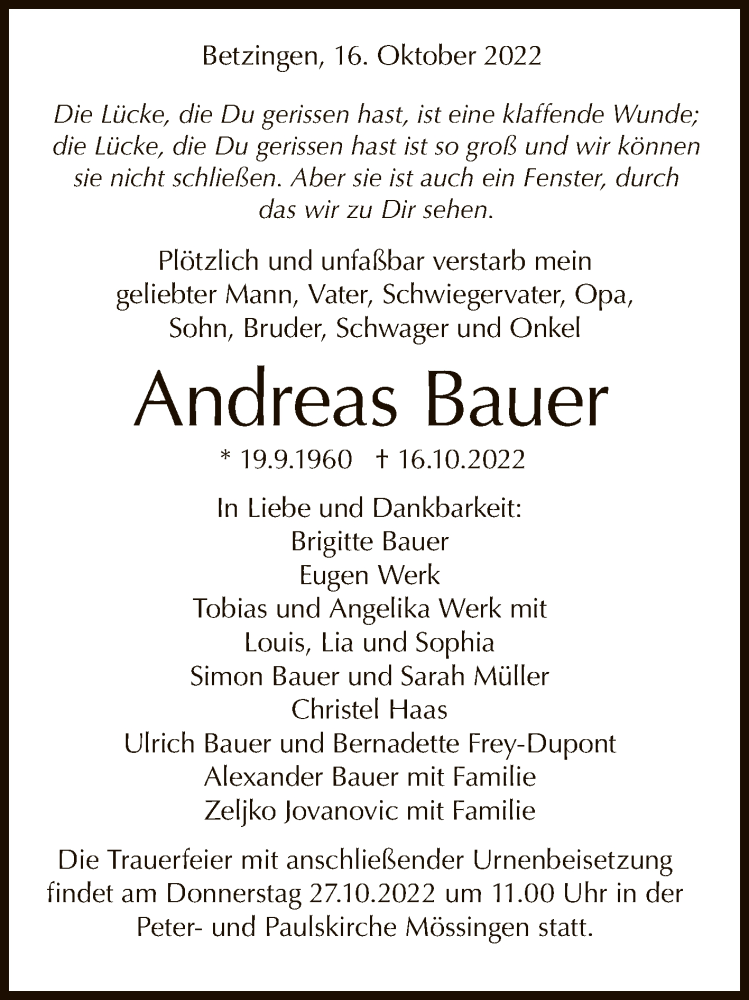  Traueranzeige für Andreas Bauer vom 22.10.2022 aus Reutlinger General-Anzeiger
