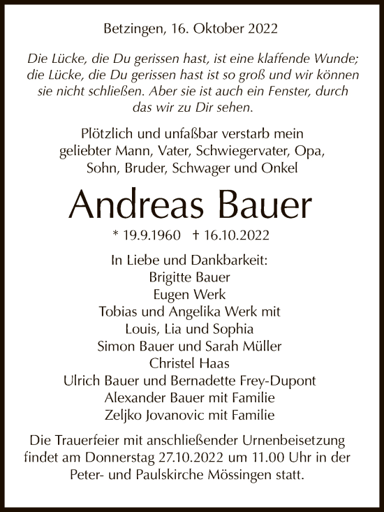 Anzeige von Andreas Bauer von Reutlinger General-Anzeiger