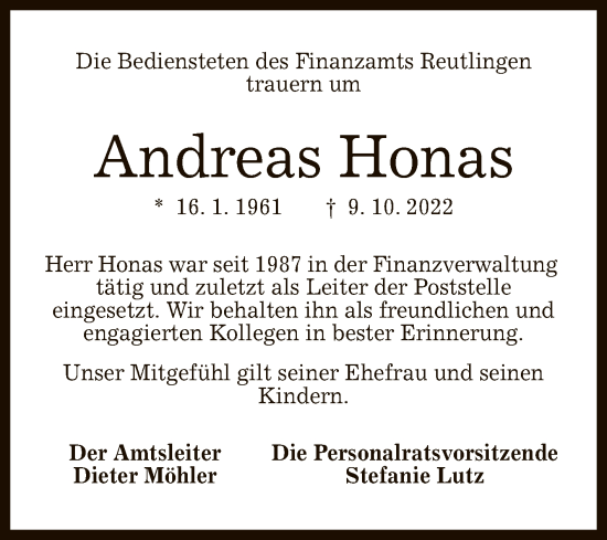 Anzeige von Andreas Honas von Reutlinger General-Anzeiger