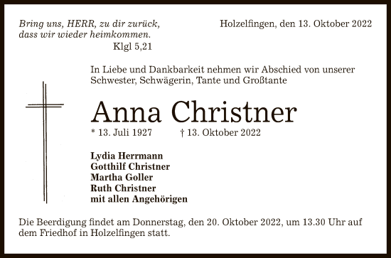 Anzeige von Anna Christner von Reutlinger General-Anzeiger