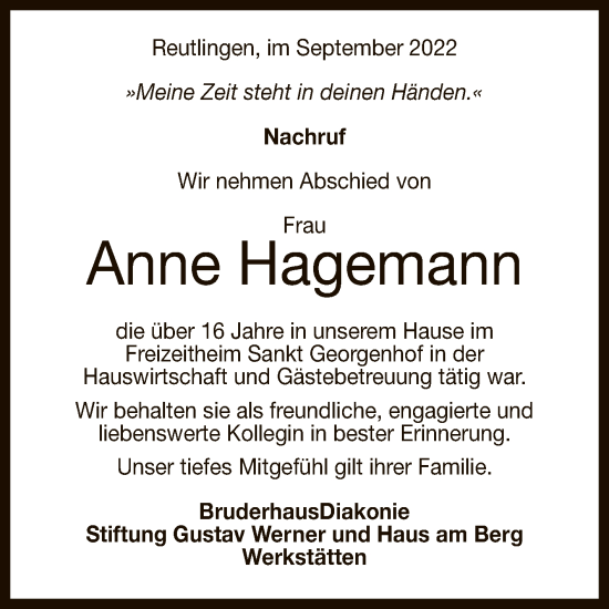 Anzeige von Anne Hagemann von Reutlinger General-Anzeiger