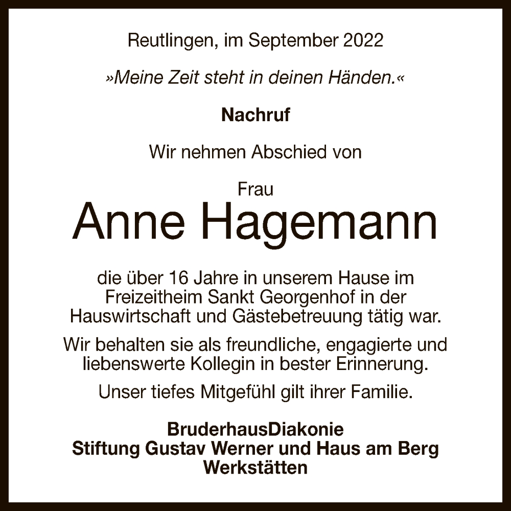  Traueranzeige für Anne Hagemann vom 15.10.2022 aus Reutlinger General-Anzeiger