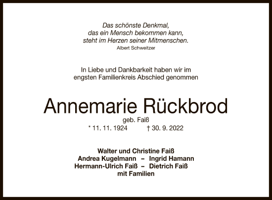 Anzeige von Annemarie Rückbrod von Reutlinger General-Anzeiger