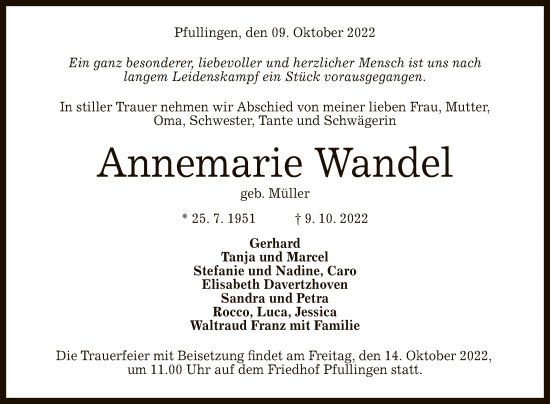 Anzeige von Annemarie Wandel von Reutlinger General-Anzeiger