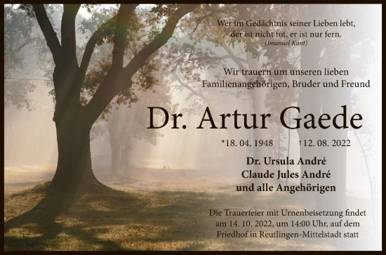 Anzeige von Artur Gaede von Reutlinger General-Anzeiger