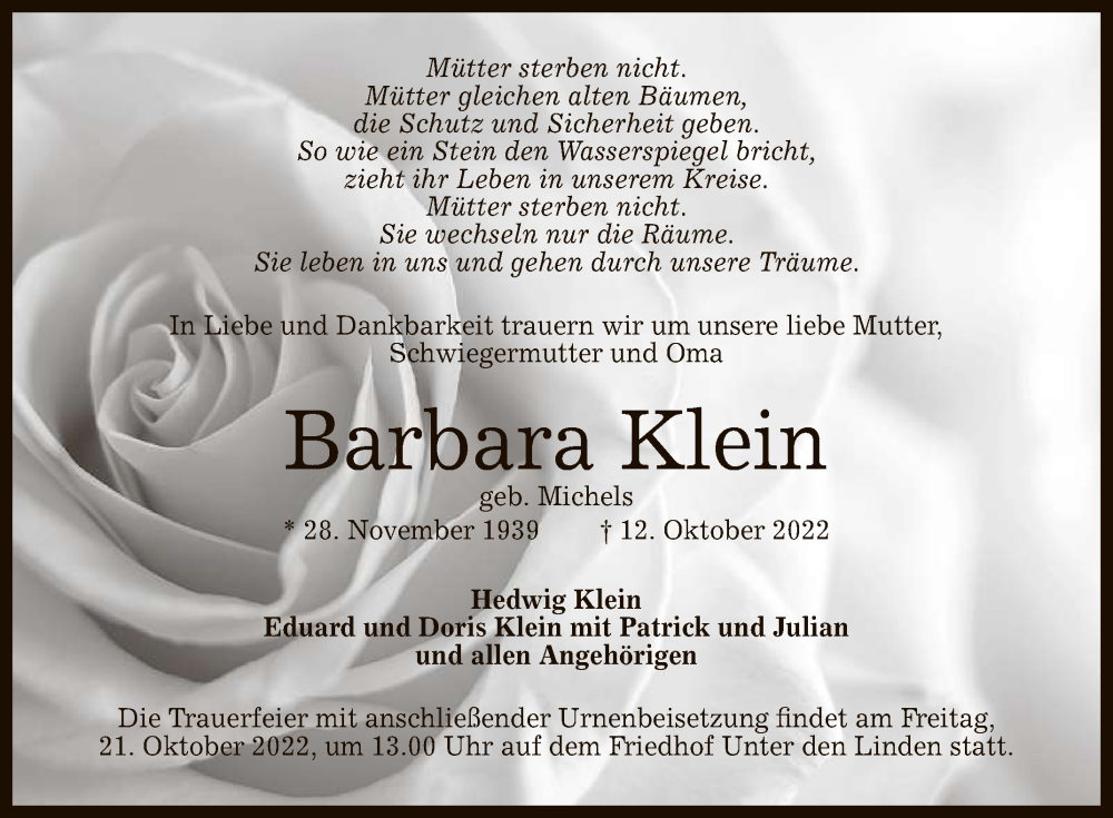  Traueranzeige für Barbara Klein vom 15.10.2022 aus Reutlinger General-Anzeiger