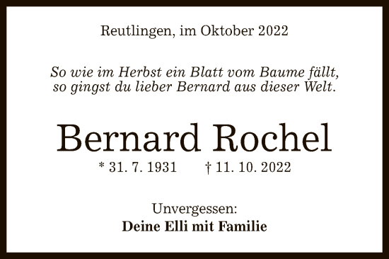Anzeige von Bernard Rochel von Reutlinger General-Anzeiger