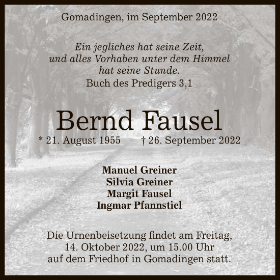 Anzeige von Bernd Fausel von Reutlinger General-Anzeiger