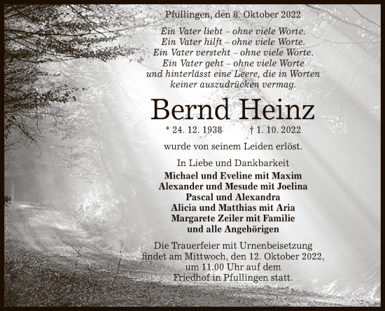 Anzeige von Bernd Heinz von Reutlinger General-Anzeiger